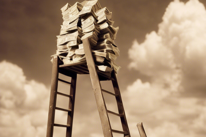 Large stacks of cash rest atop tall, broken ladders under a cloudy sky, symbolizing difficult wealth access.