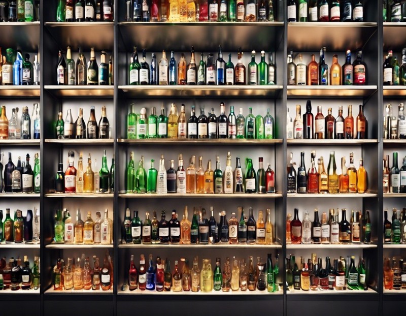 Shelves filled with various bottles of liquor and spirits, arranged in rows at a bar or store.
