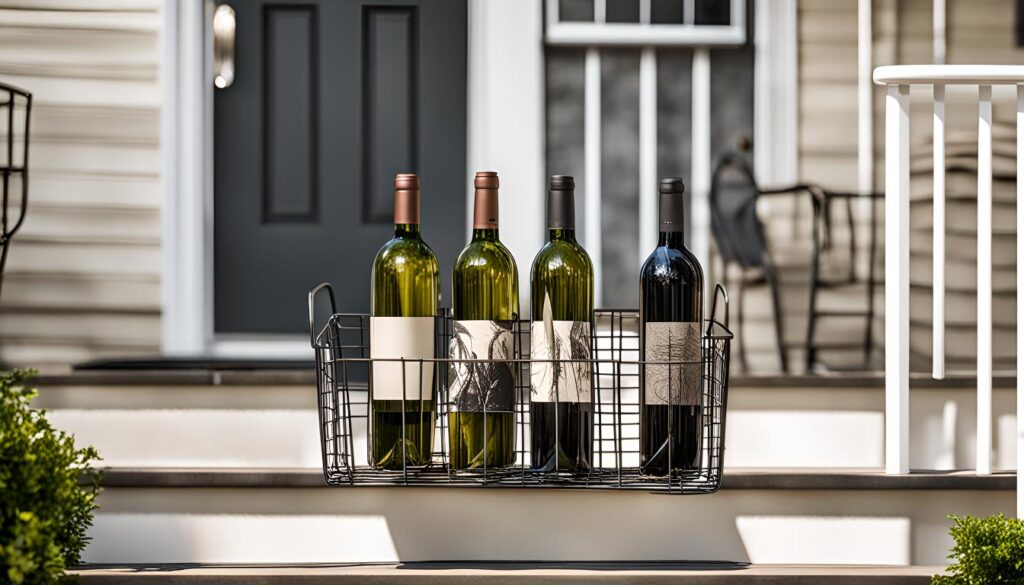 Four wine bottles in a wire basket sit on the steps of a house with a black door in the background.
